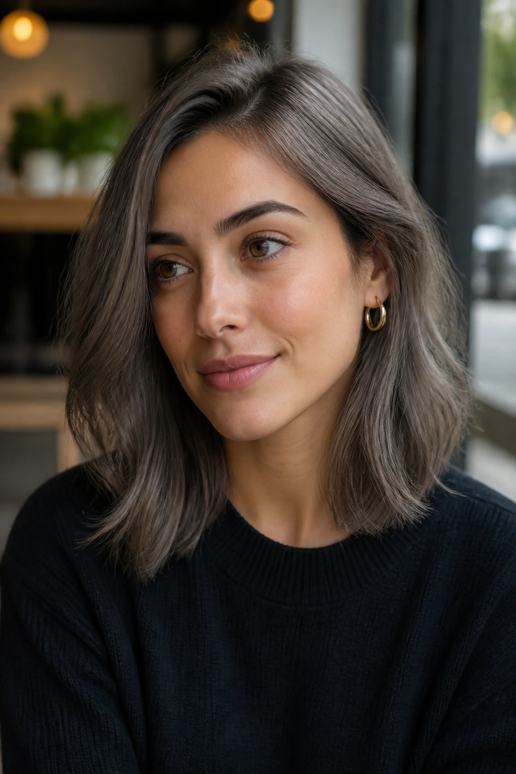 Medium close-up portrait of a woman with a taupe gray lob at collarbone length in warm daylight