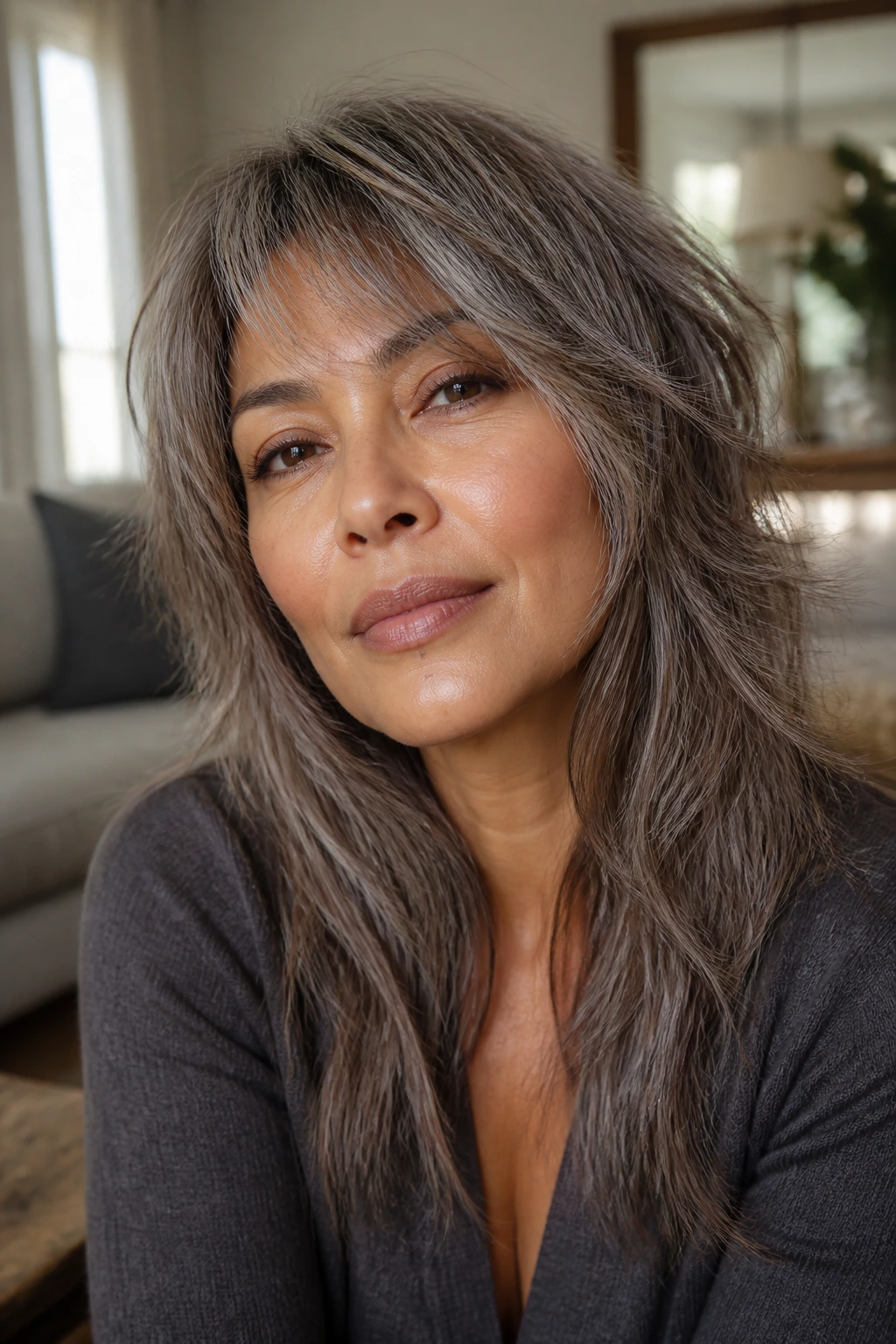 Close-up portrait of a real woman with warm taupe gray shag hairstyle, medium skin tone, cozy living room background.