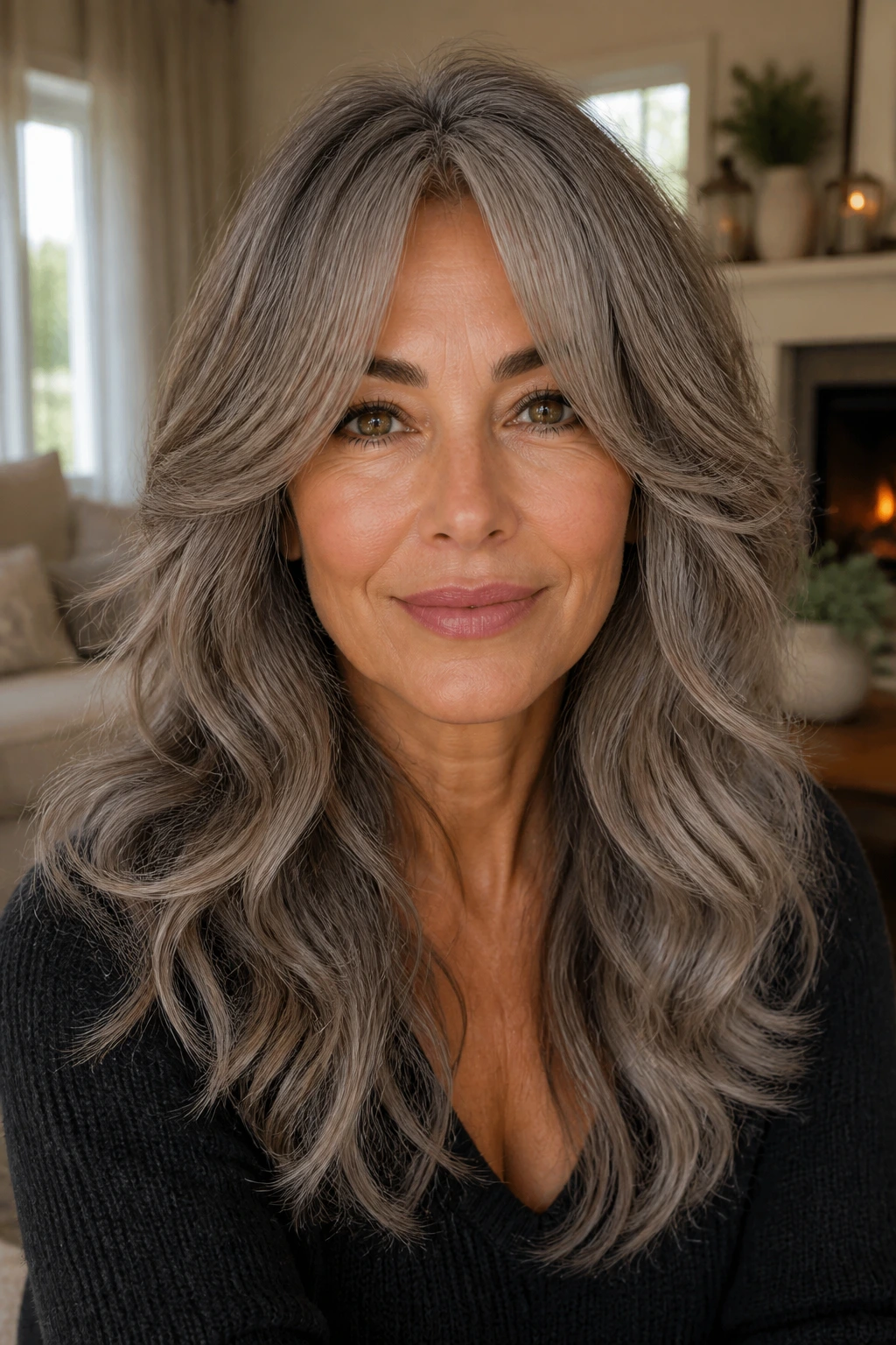 Close-up portrait of a real woman with cool taupe grey cascade and curtain bangs on olive skin