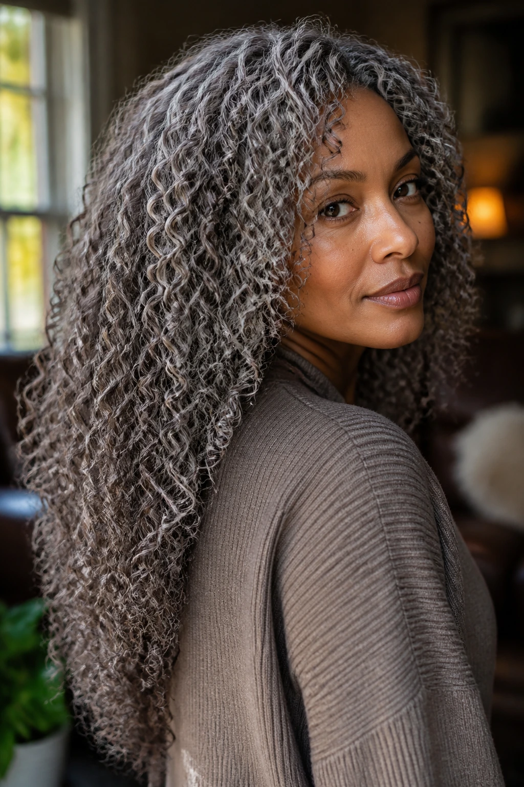 Close-up of a real woman with taupe grey long coil curls in natural window light