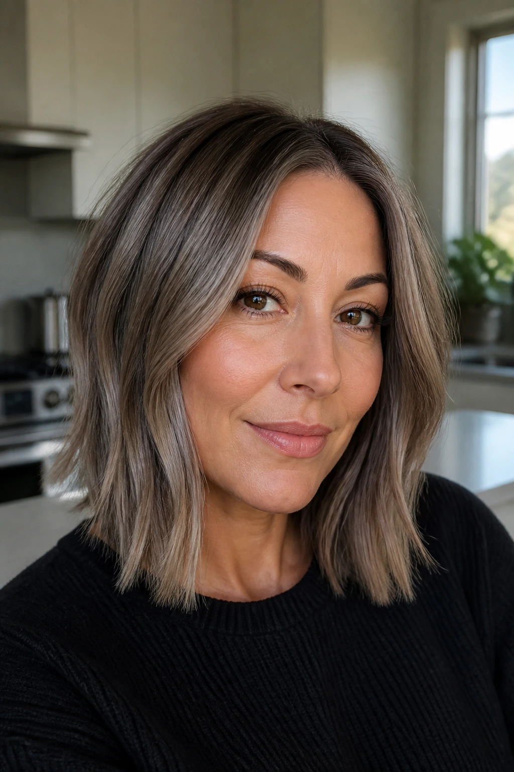 Portrait of a woman with taupe grey lob and soft root melt