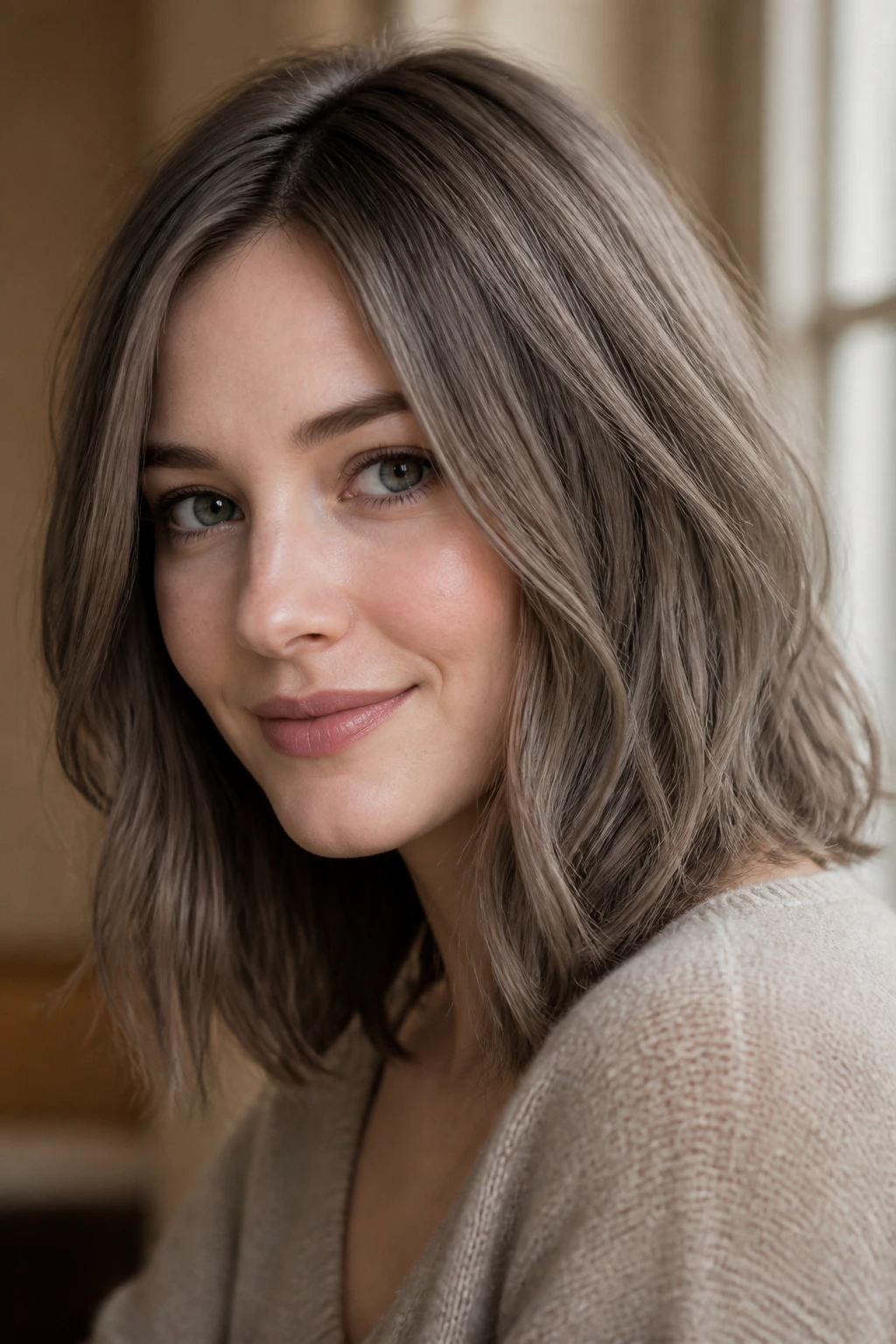 Portrait of a woman with taupe grey lob haircut flattering pale skin