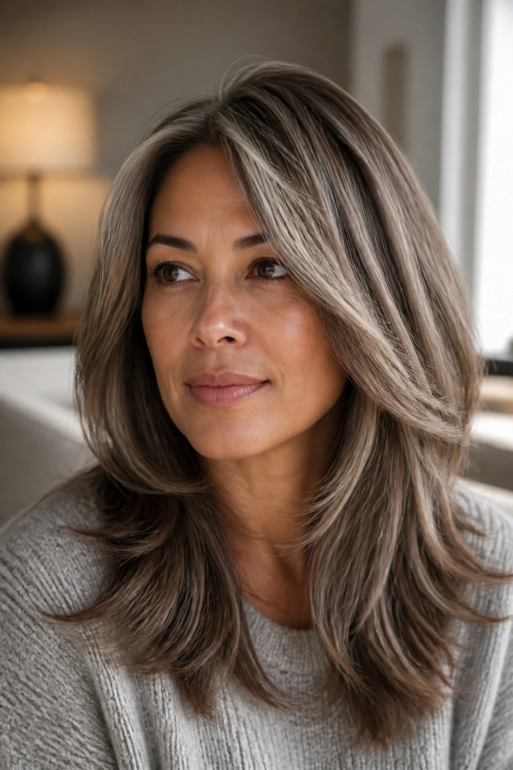 Close-up of a person with taupe-grey mushroom blend hair.