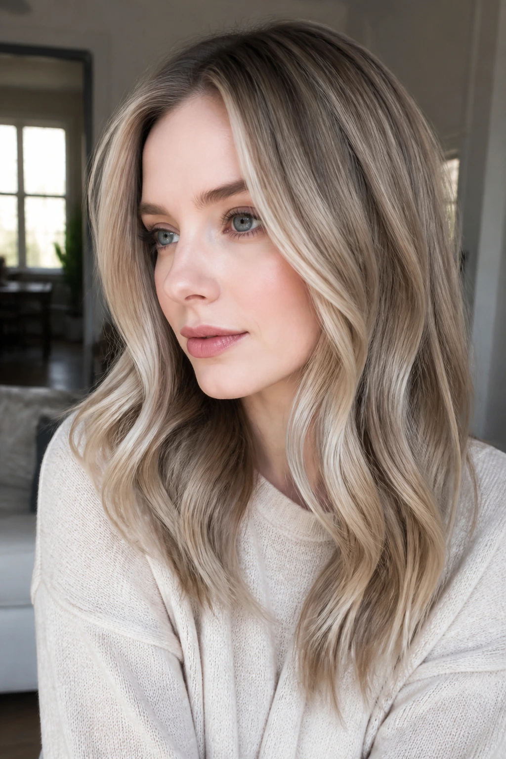 Close-up portrait of a woman with taupe lowlights and beige highlights in hair, pale skin