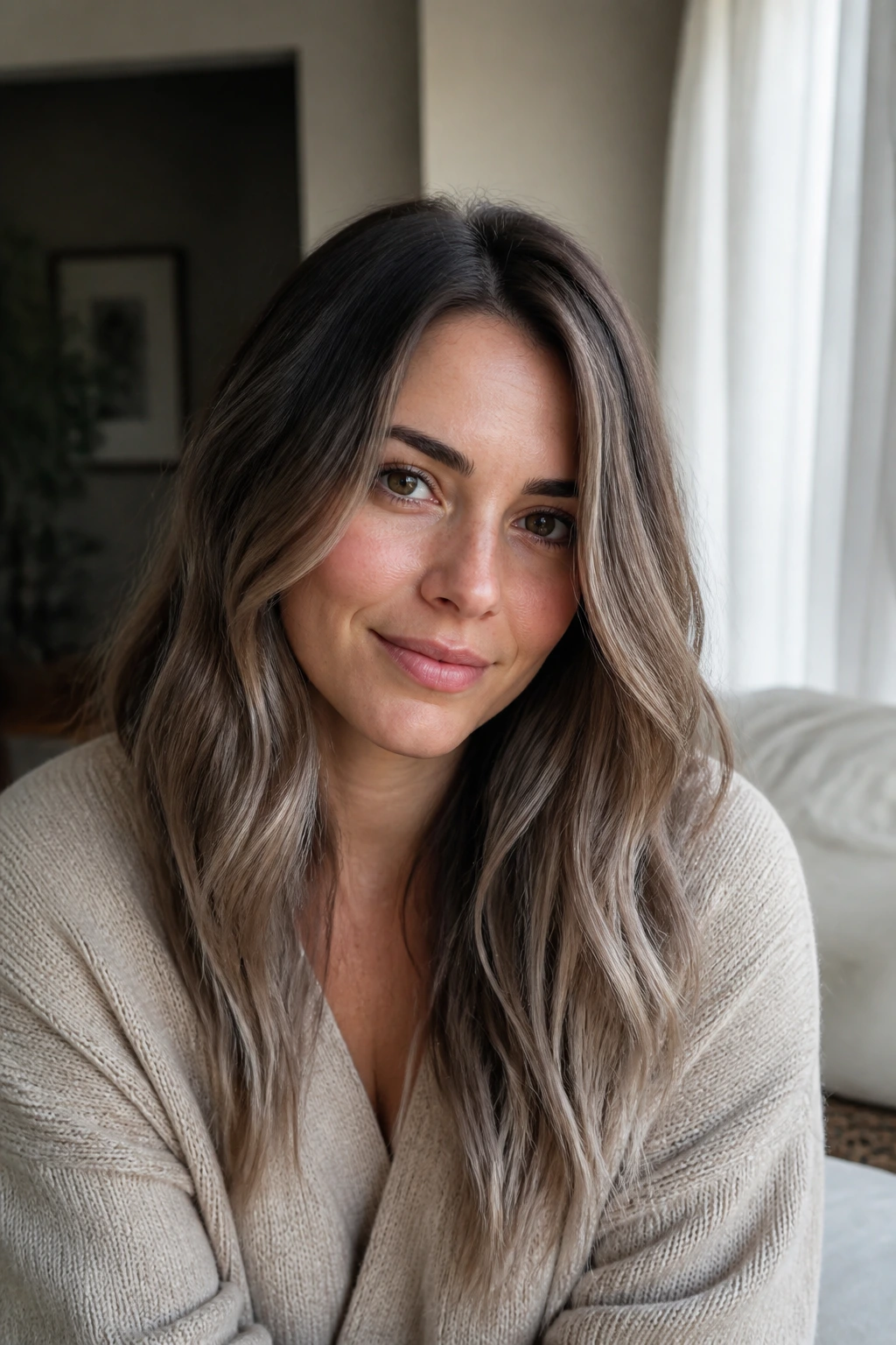 Brunette with taupe melt from roots to tips in natural light