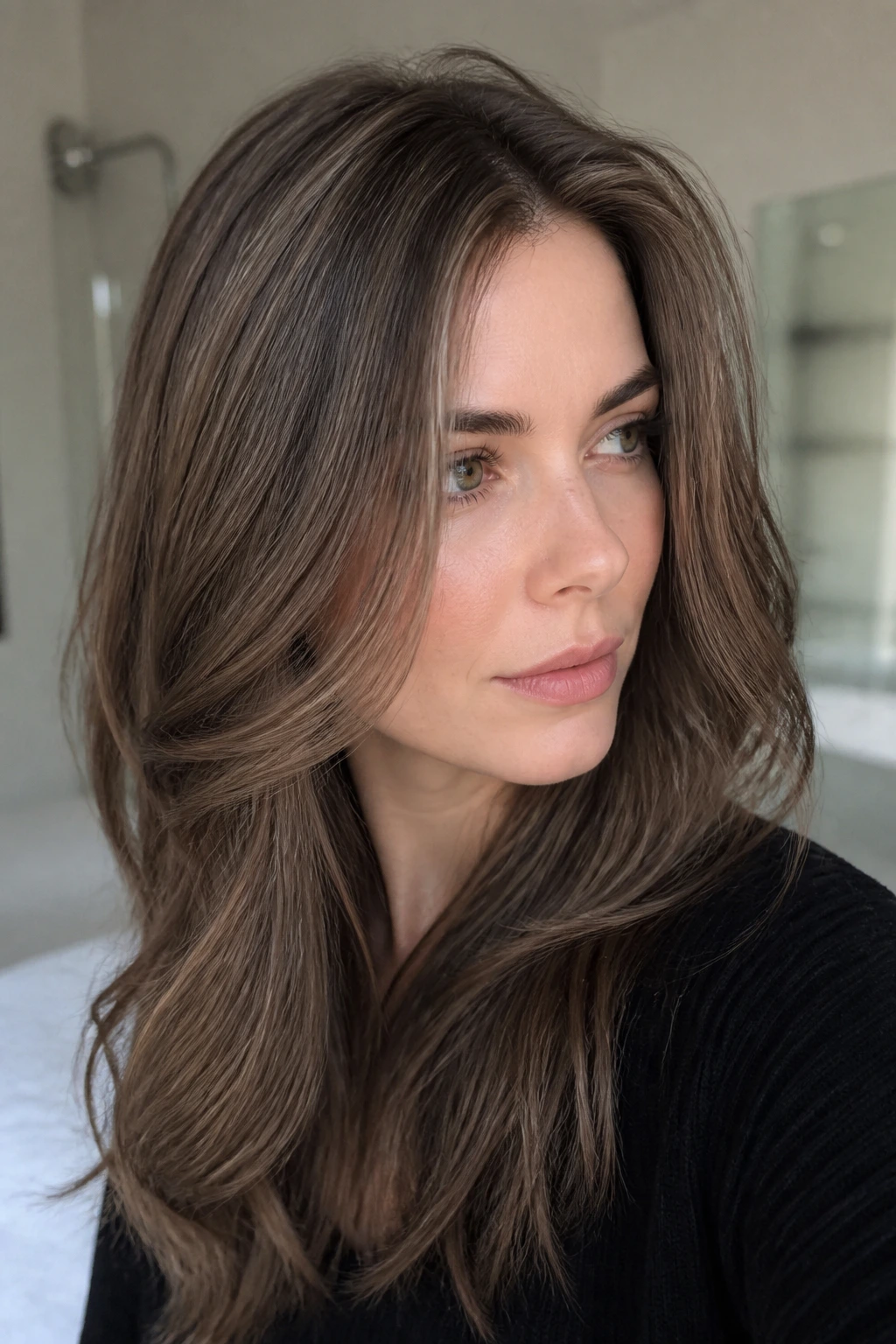 Close-up of hair with taupe micro-lowlights on a real person