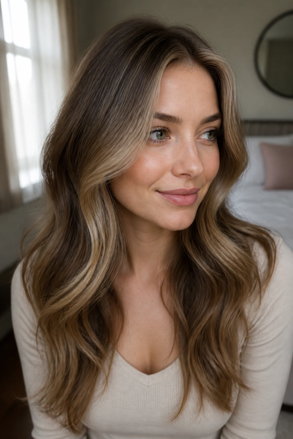 Taupe money piece highlights on a real person with deep base and cheekbone lift