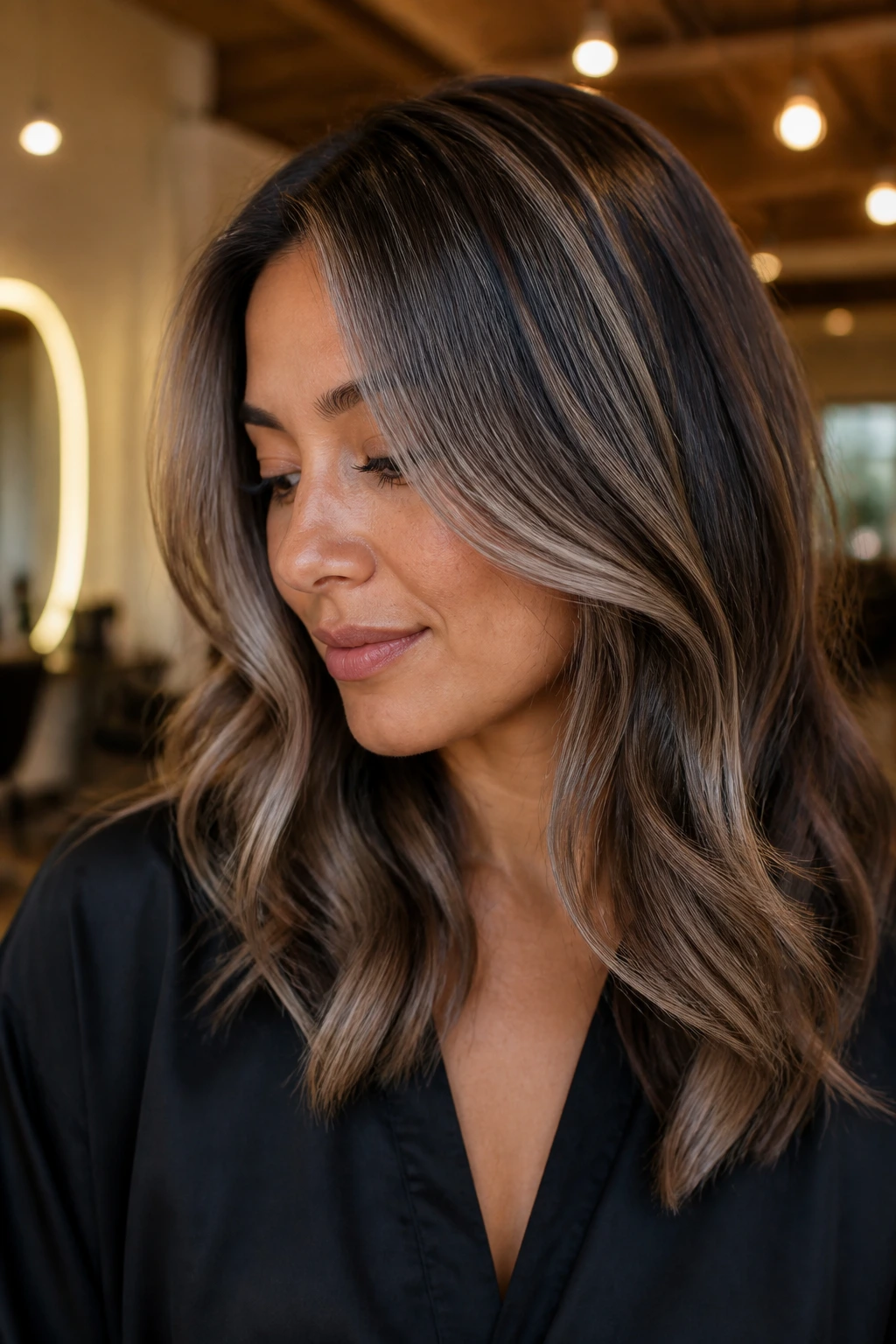 Real woman with taupe ribbon highlights in soft layered hair
