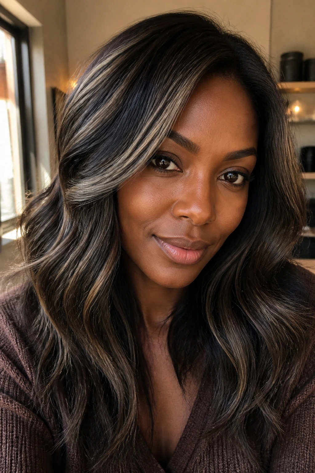 Close-up portrait of a woman with taupe ribbon highlights woven through dark hair.