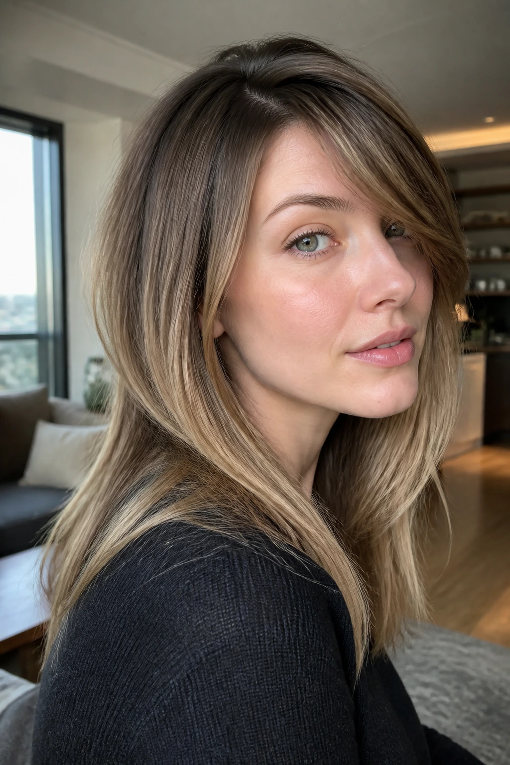 Portrait of a woman with taupe root melt and narrow side fringe