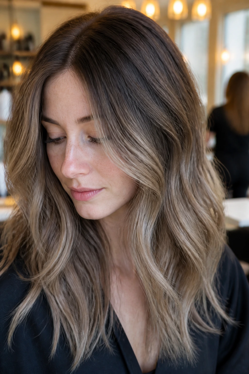 Close-up portrait of a real woman with cool taupe root melt, darker roots fading to lighter ends
