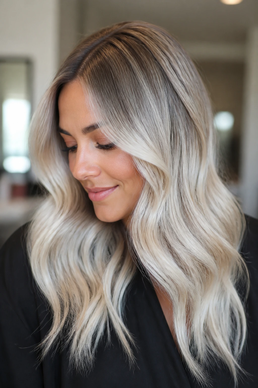 Close-up of a real person with taupe shadow-root platinum hair