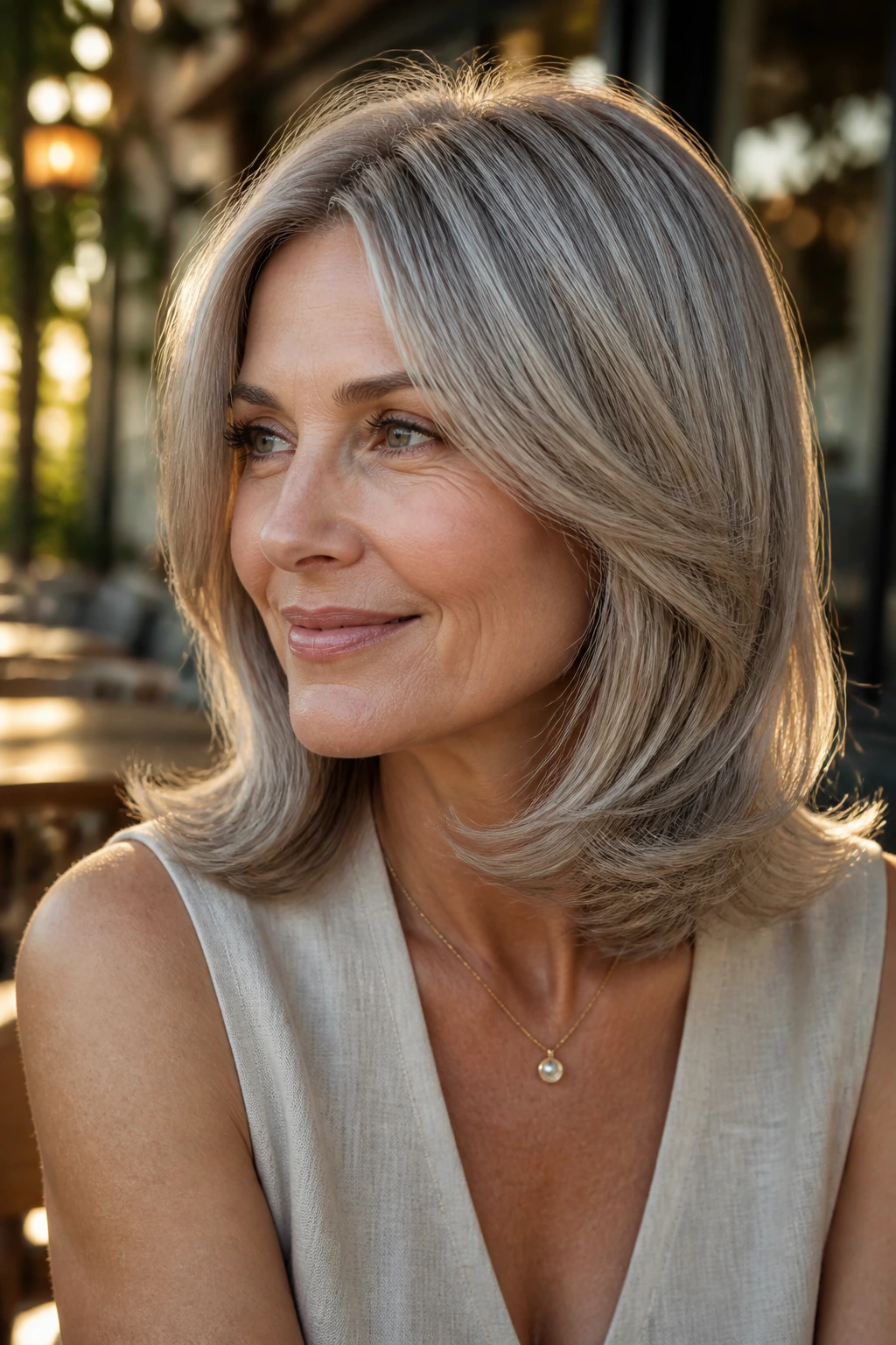 Close-up of a real person with shoulder-length taupe-silver hair flipped over the shoulders.