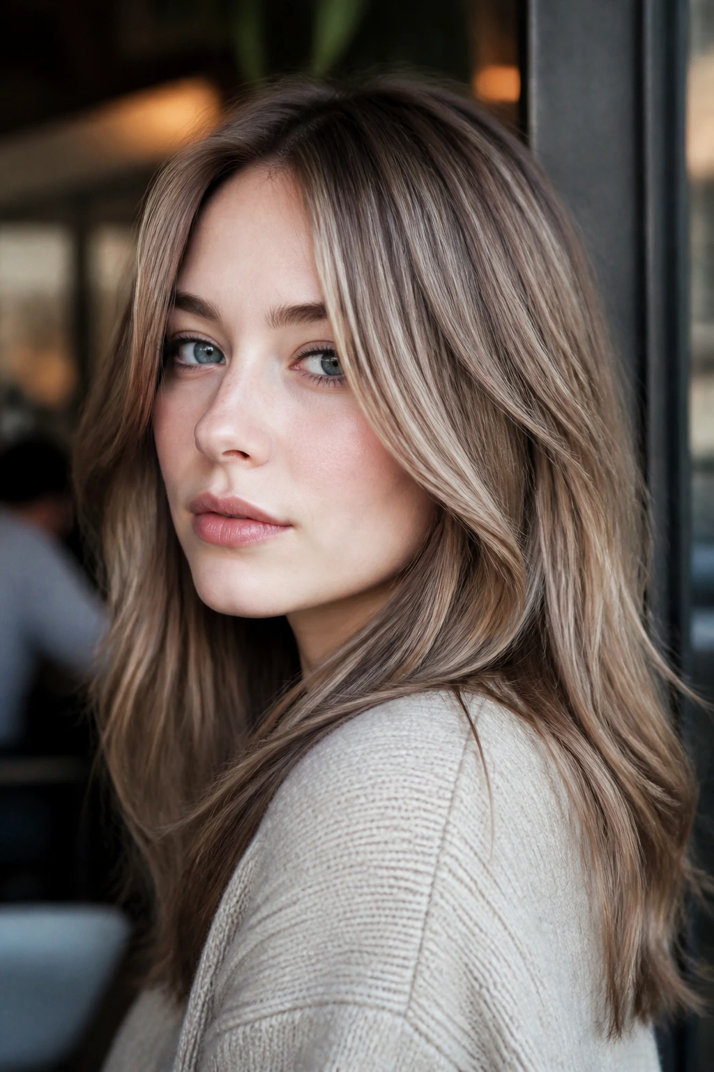 Real person with cool taupe highlight slices through hair