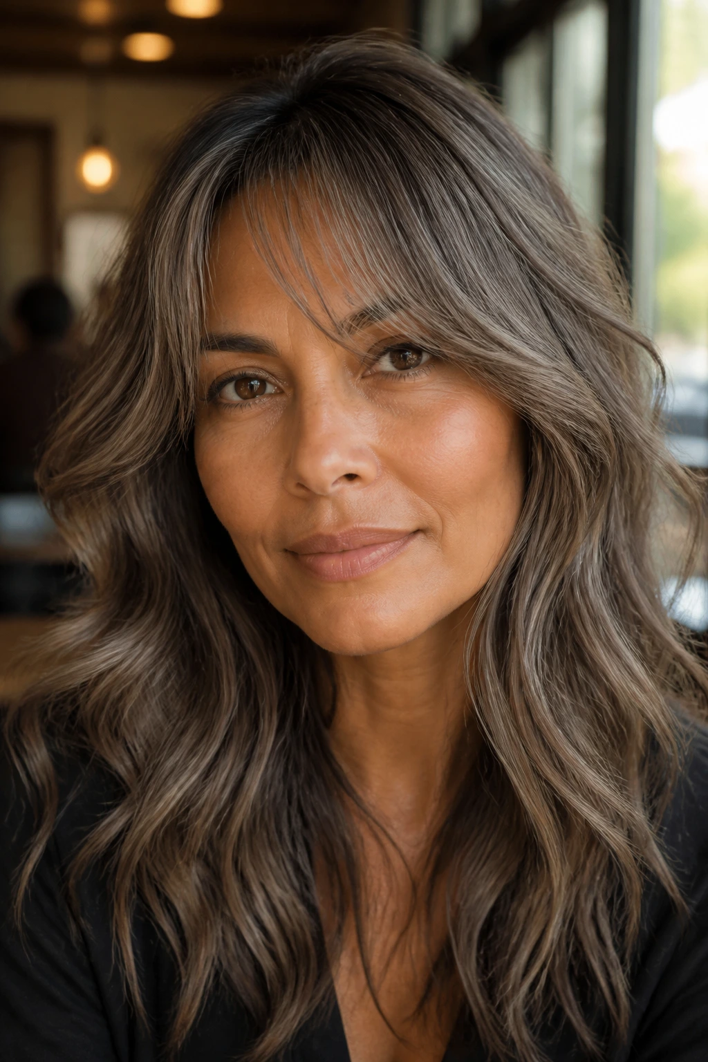 Close-up portrait of a real woman with taupe smoke waves and curtain bangs