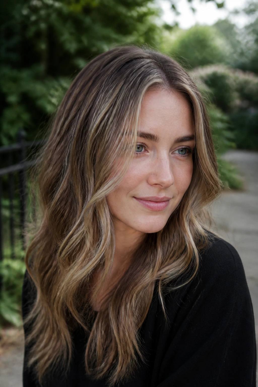 Close-up portrait showing taupe and wheat dimension in hair