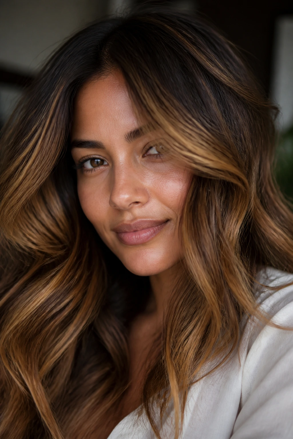 Close-up of hair with tawny balayage blending gold and brown on a real person