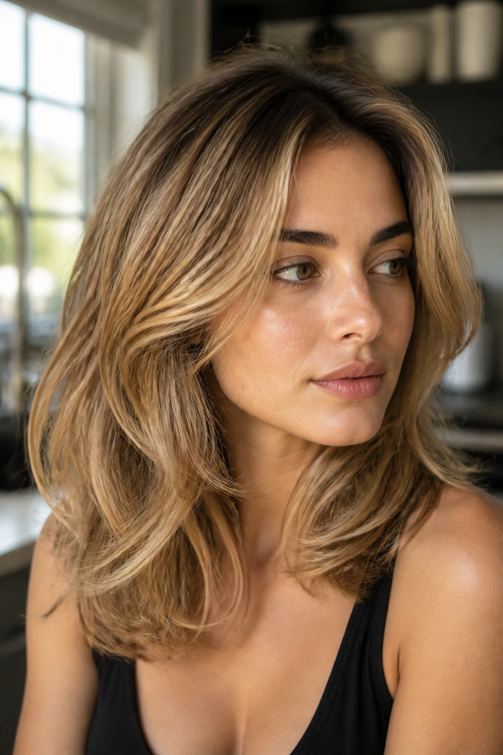 Real woman with tawny blonde layered hair in natural light