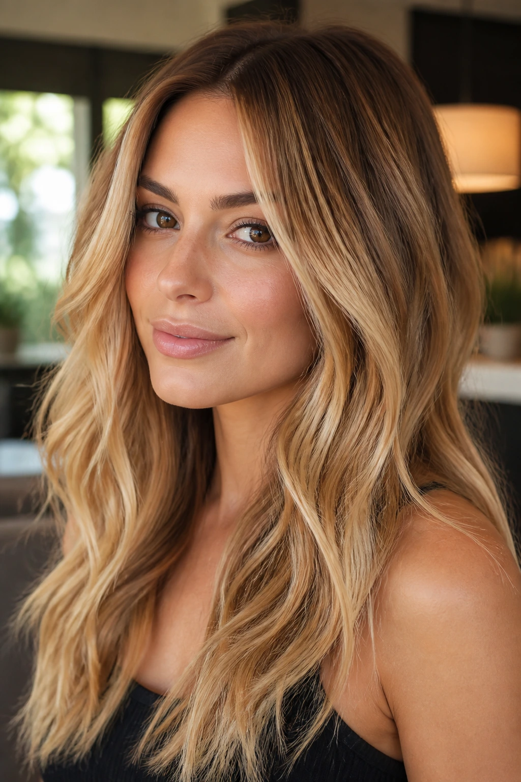 Close-up of a real woman with Tawny Bronze-to-Blonde Melt showing a natural gradient from bronze roots to blonde ends.