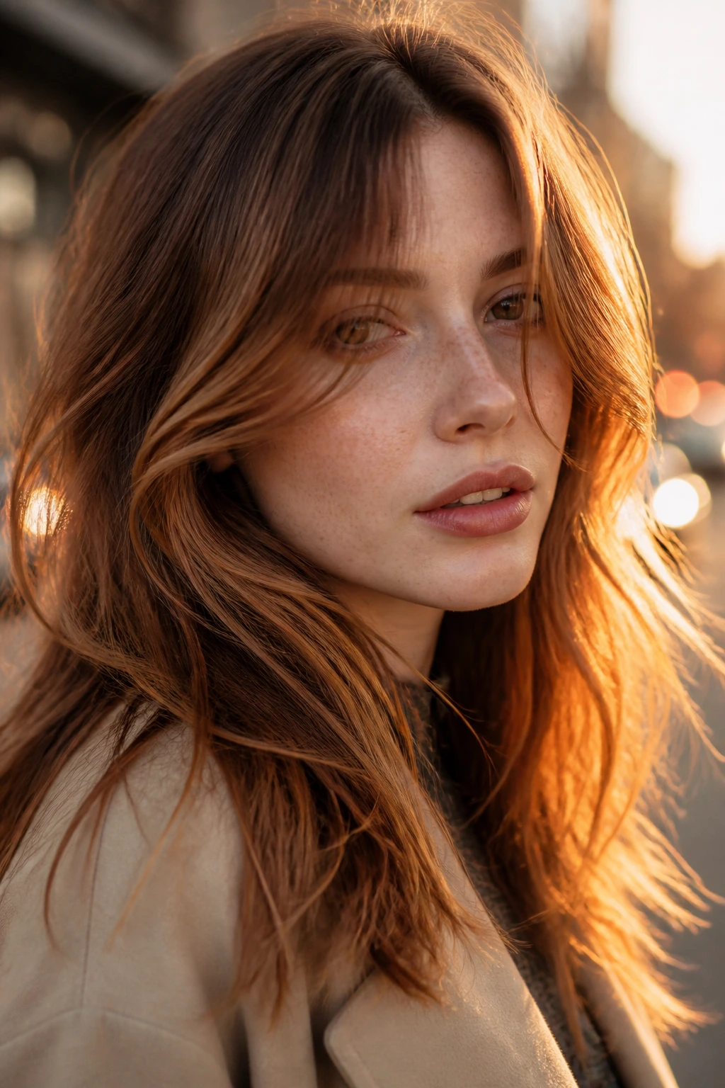 Close-up of tawny brown hair with copper caramel flickers around the bangs outdoors at golden hour