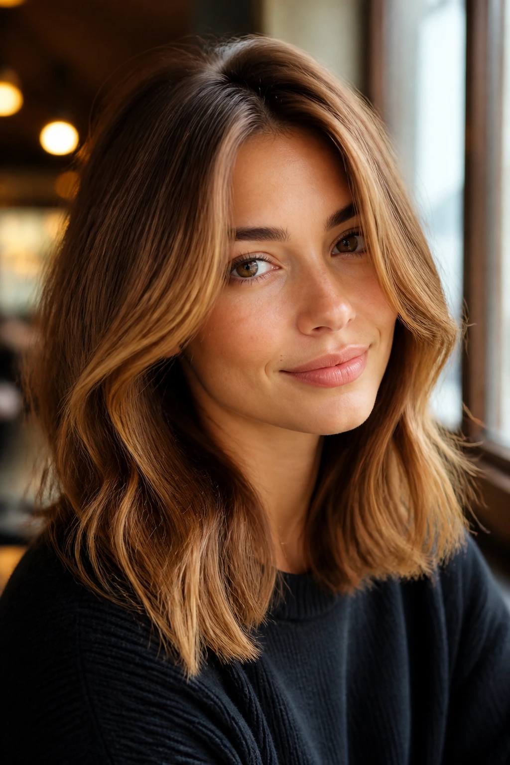 Close-up of a real woman with tawny brown hair and soft front highlights
