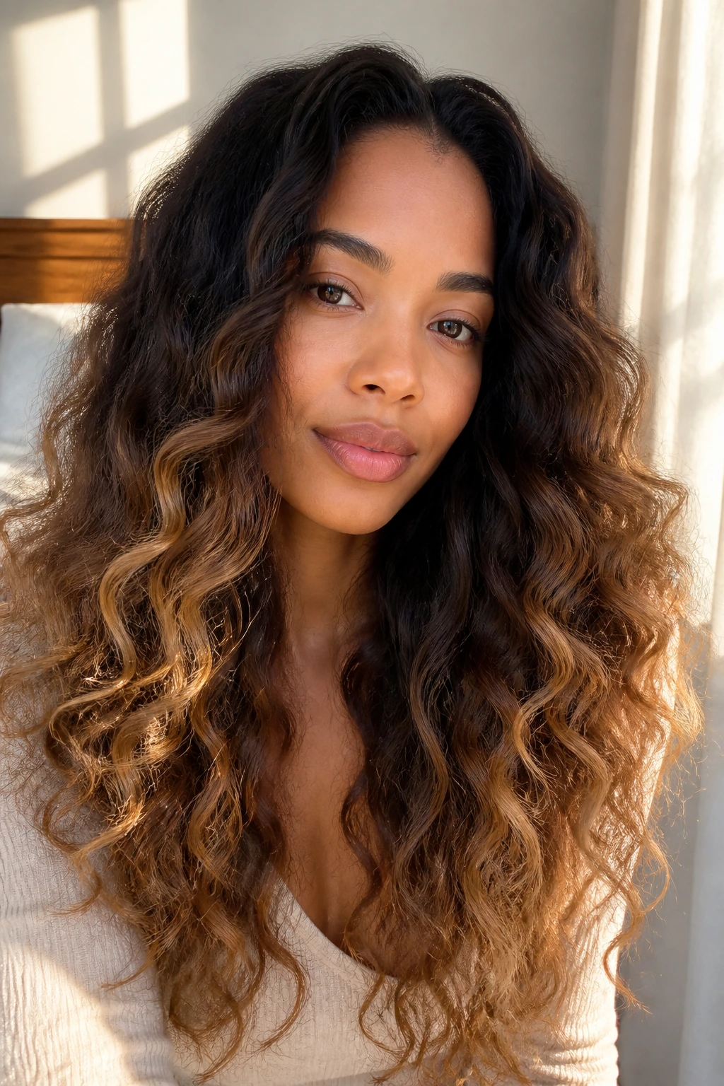 Close-up of long curls with tawny champagne ends catching light
