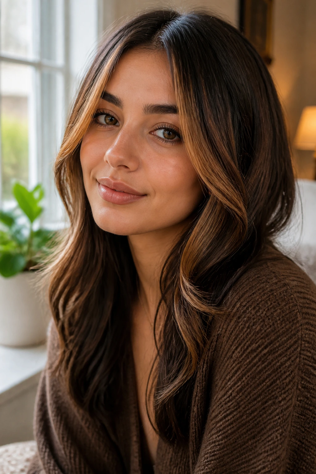 Real person with tawny brown face-framing hair around the cheeks in soft feathering