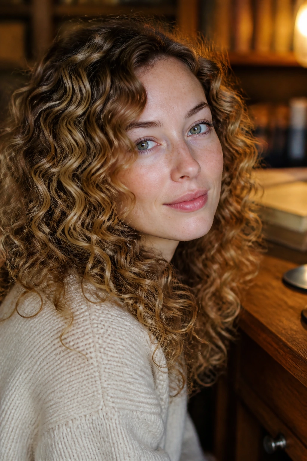 Close-up portrait of a real woman with tawny lowlights in curly hair