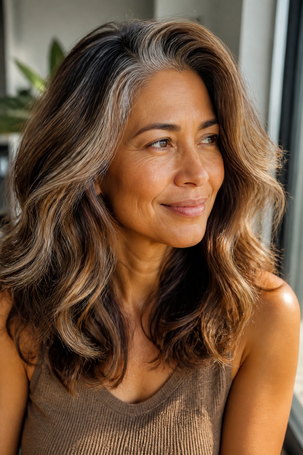 Close-up portrait of a real person with Tawny Melt hair blending for tan skin