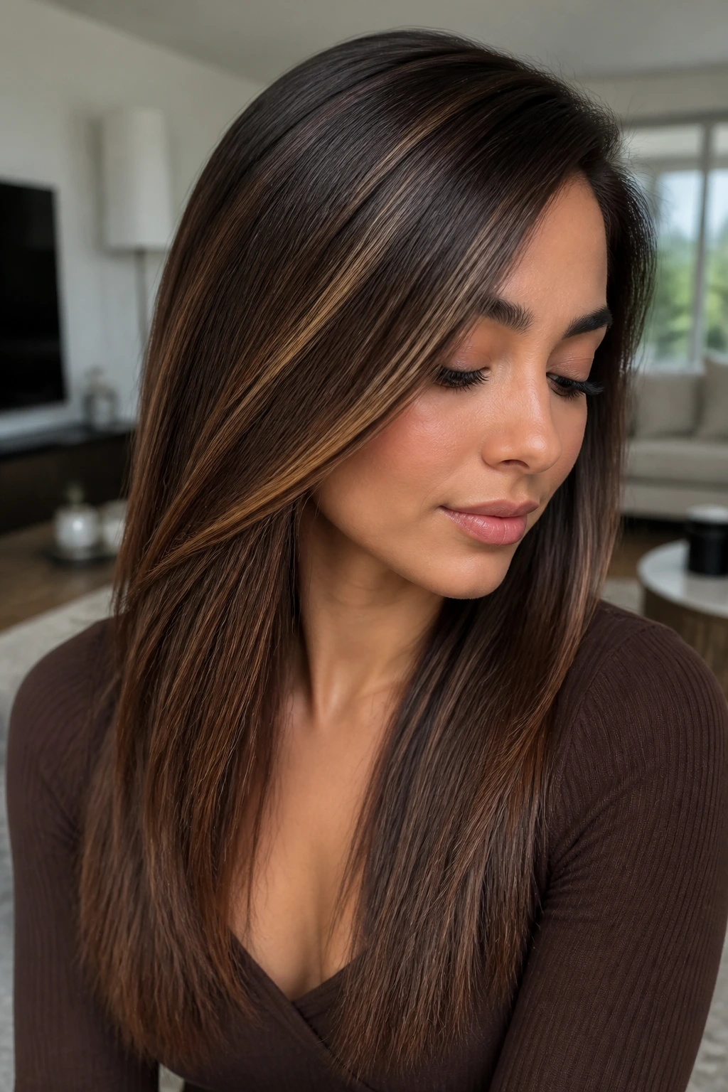 Close-up portrait of tawny sable sweep highlights on straight hair with diagonal placement
