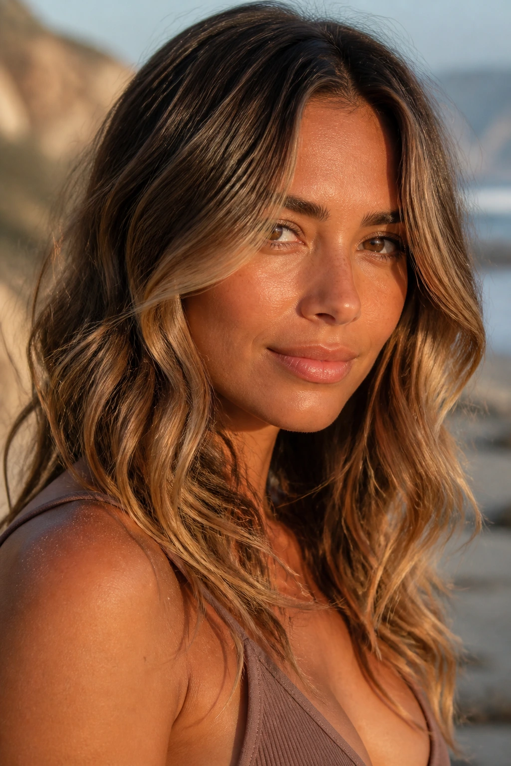 Close-up portrait with tawny brown surf waves on tan skin