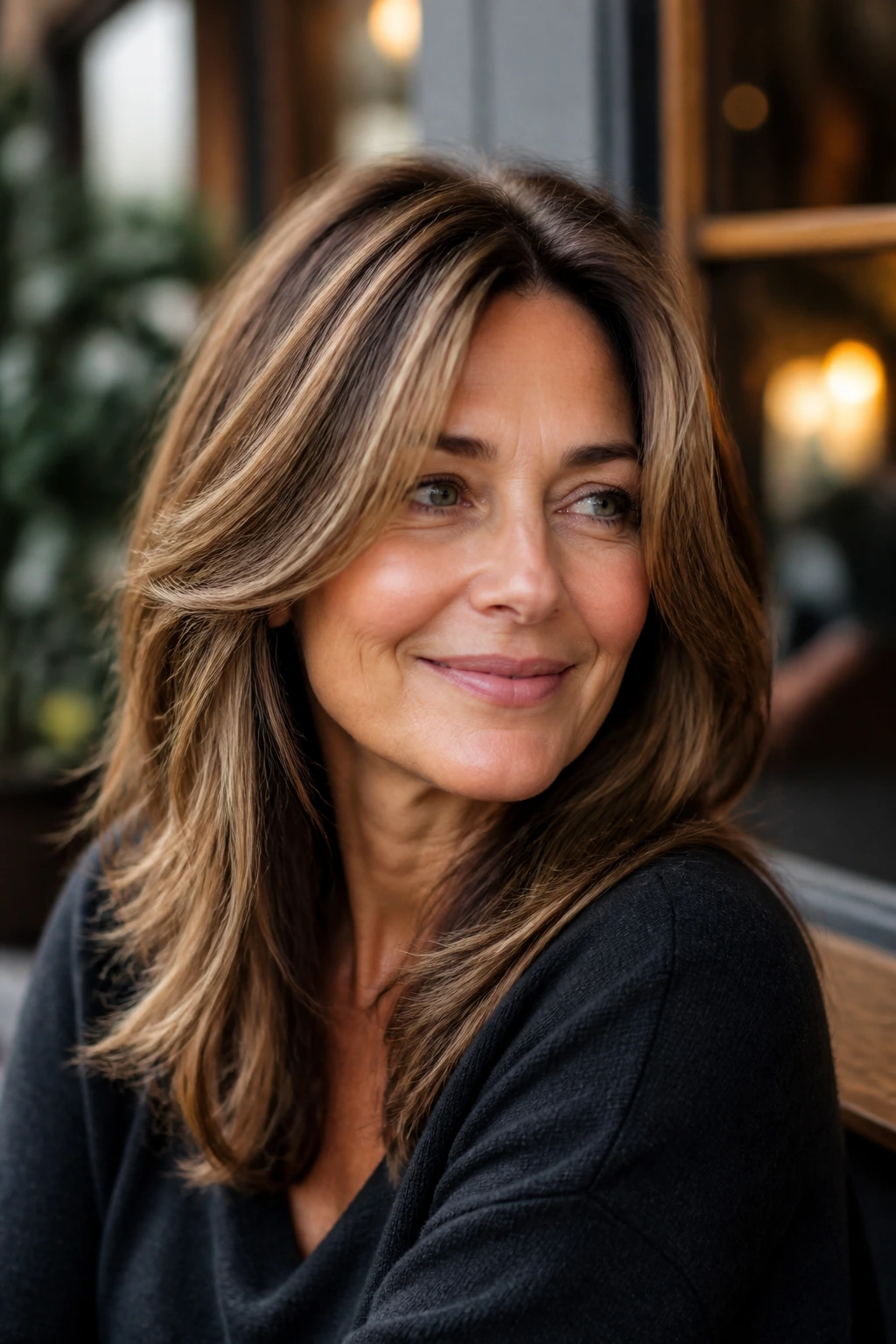 Real woman with Tawny Veil Highlights creating a soft golden-brown glow