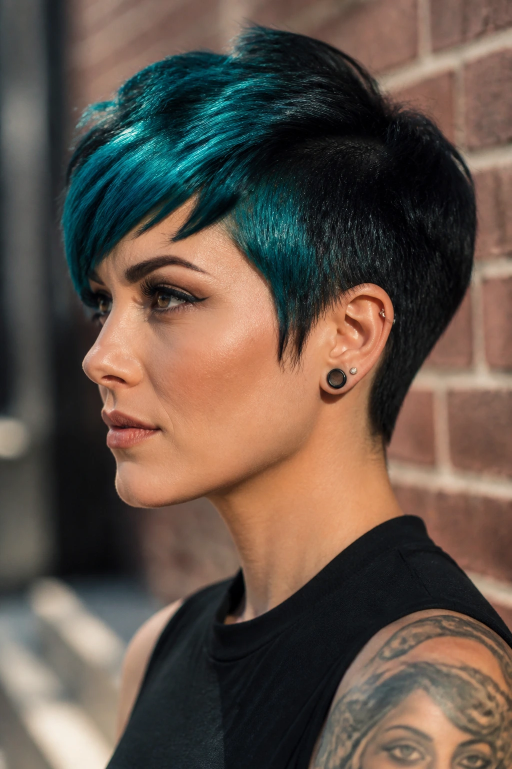 Portrait of real woman with teal and black color-blocked cropped haircut outdoors