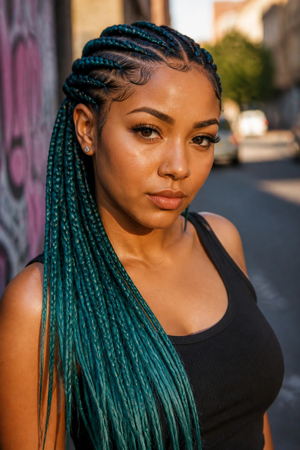Teal cornrows with long feed-in ends on a real person outdoors.
