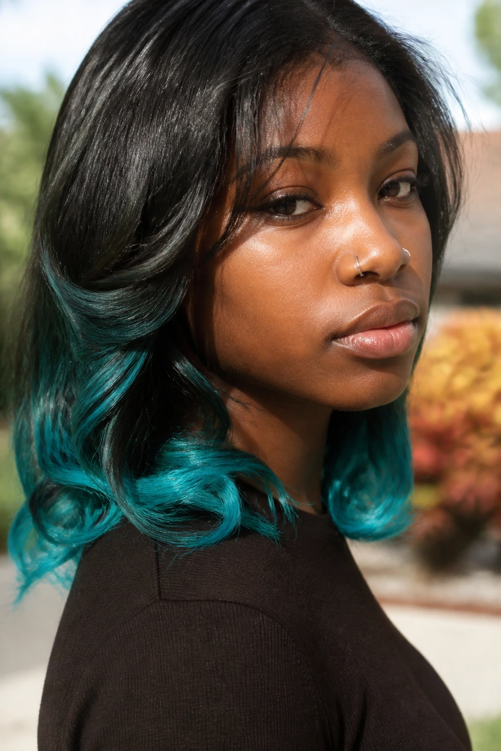 Close-up of a real person with teal dip-dyed ends on dark hair in natural light