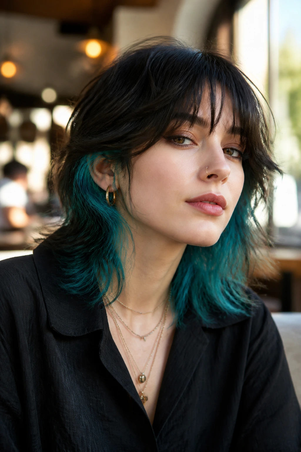 Portrait of person with teal peekaboo pieces in a shag cut.