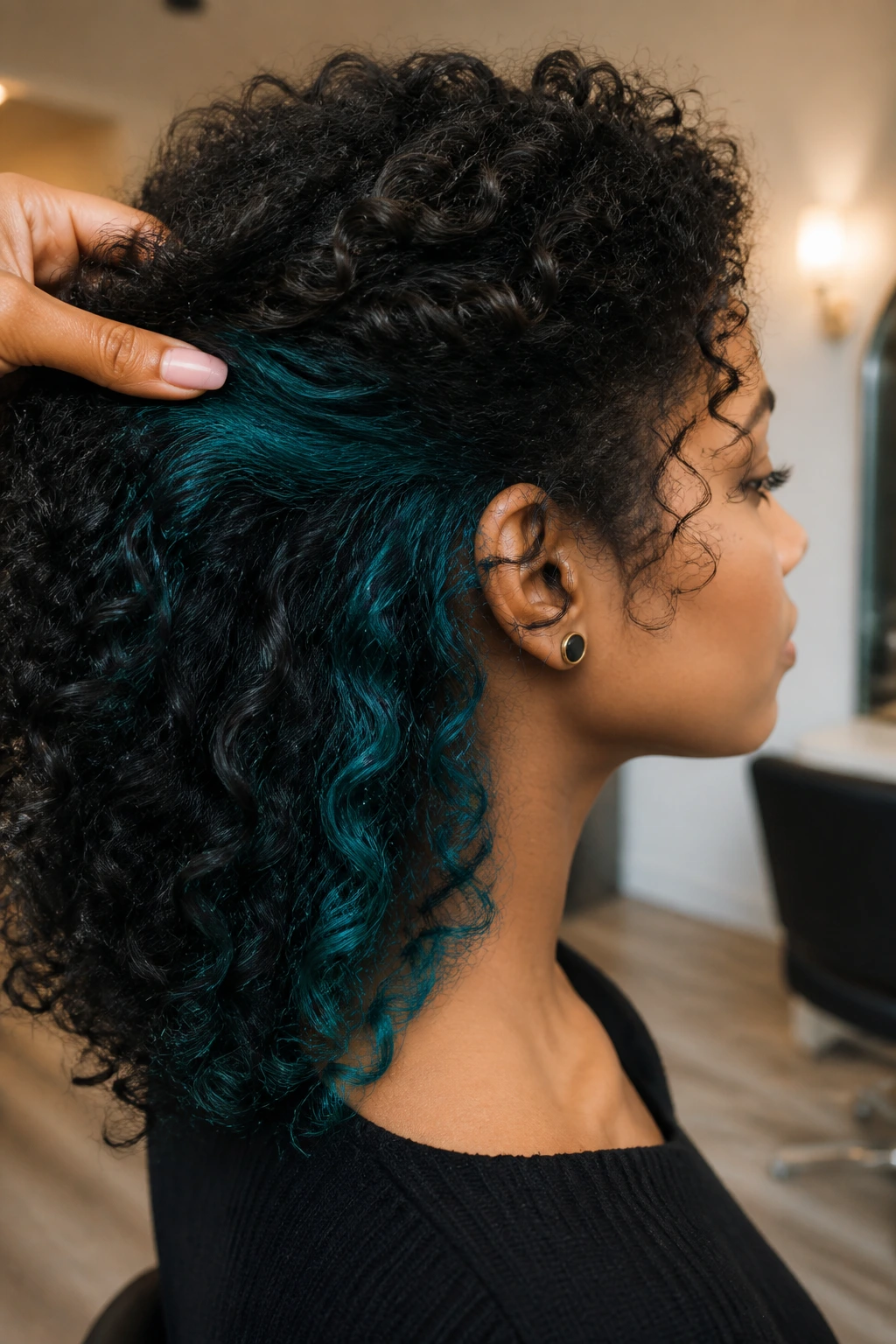 Teal underlights peeking through dark curls under crown in natural light.