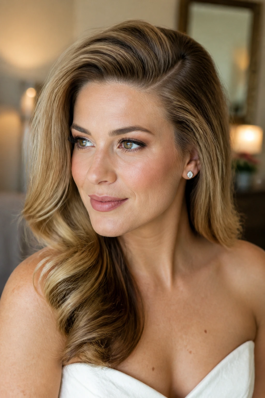 Close-up of a real woman with teased blowout and deep side part