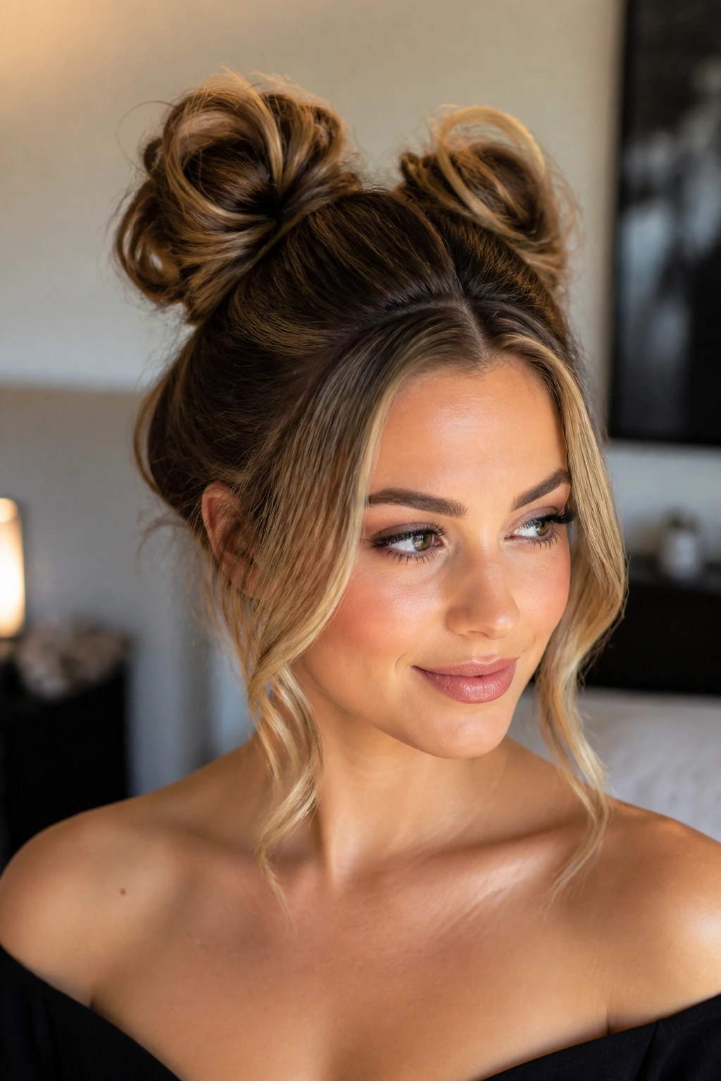 Close-up of a real woman with teased crown double buns and extra lift