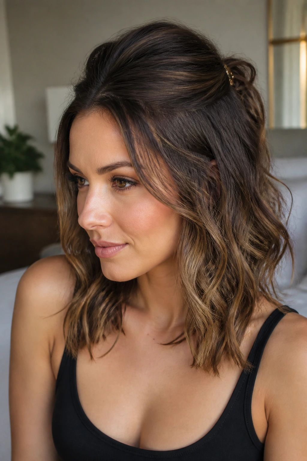 Close-up portrait of a real woman with Teased Crown Half-Up hairstyle on short wavy hair