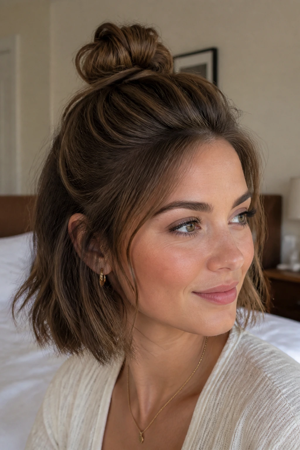 Close-up of a woman with a teased crown knot on the top of her head