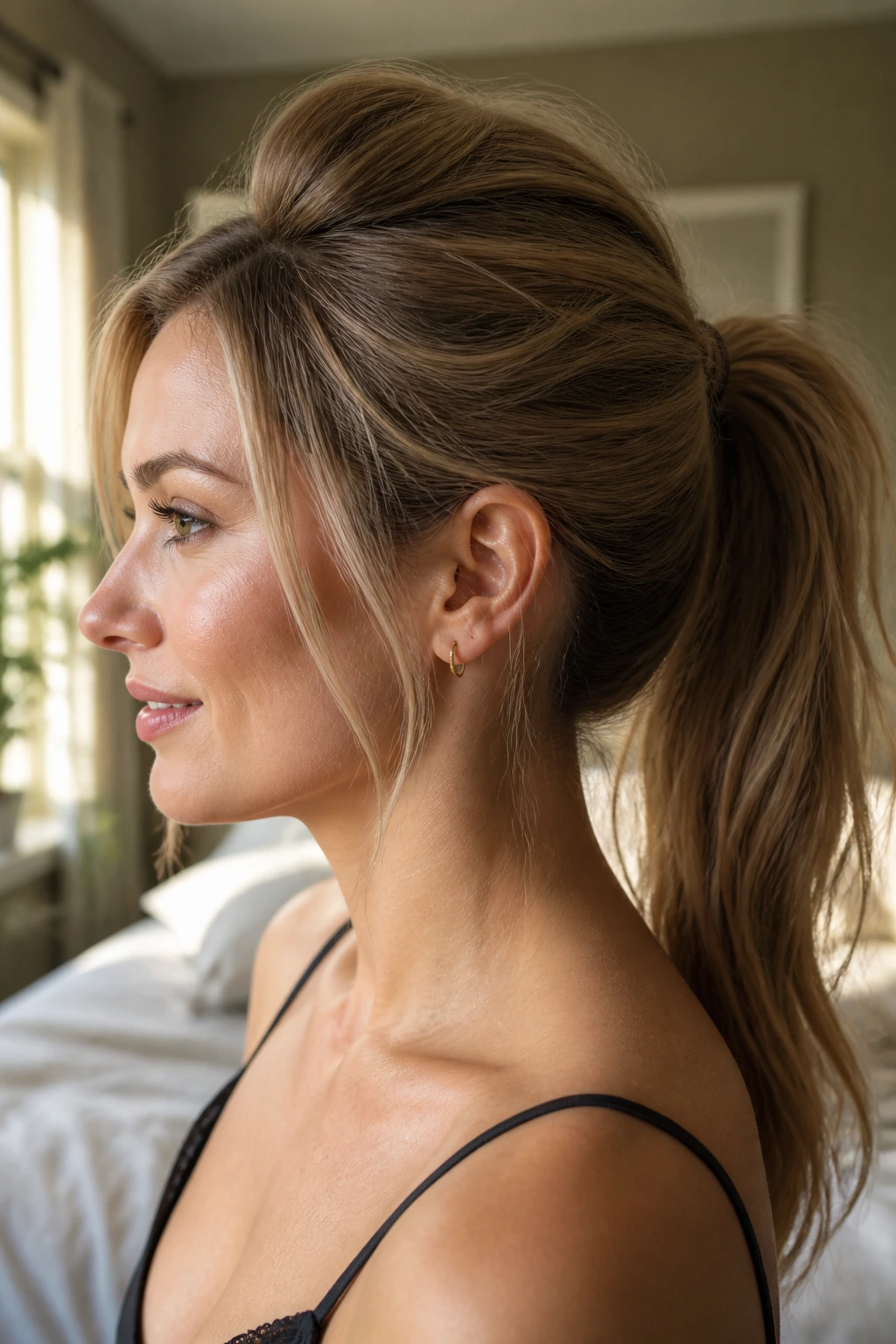 Close-up portrait of a real woman with a teased crown ponytail in warm window light