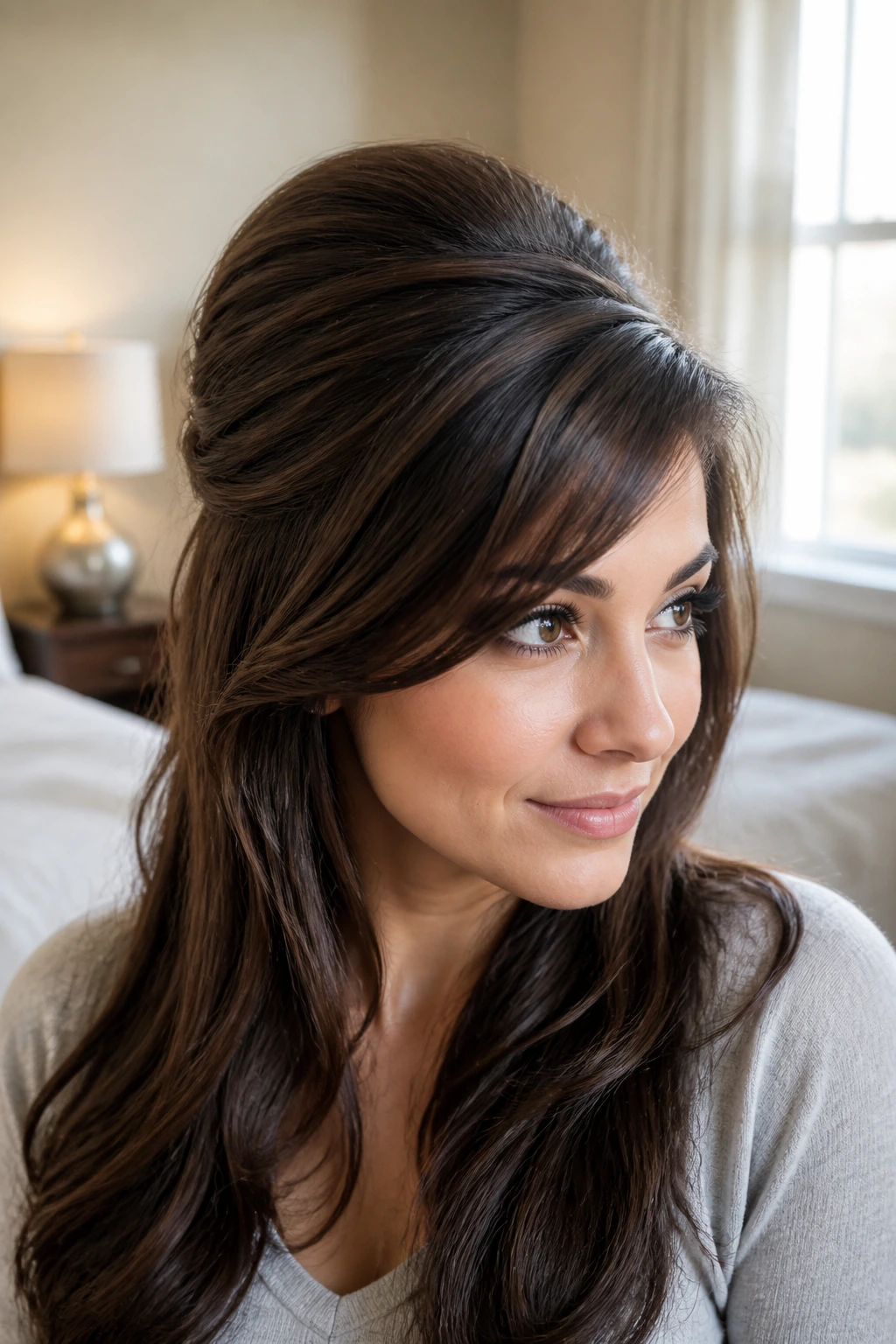 Close-up of a woman with teased crown and side-swept layers, thick hair