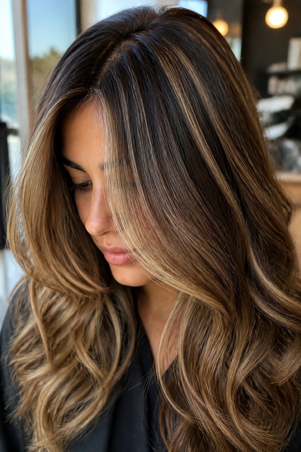 Close-up of real woman with teasylights at crown in thick hair