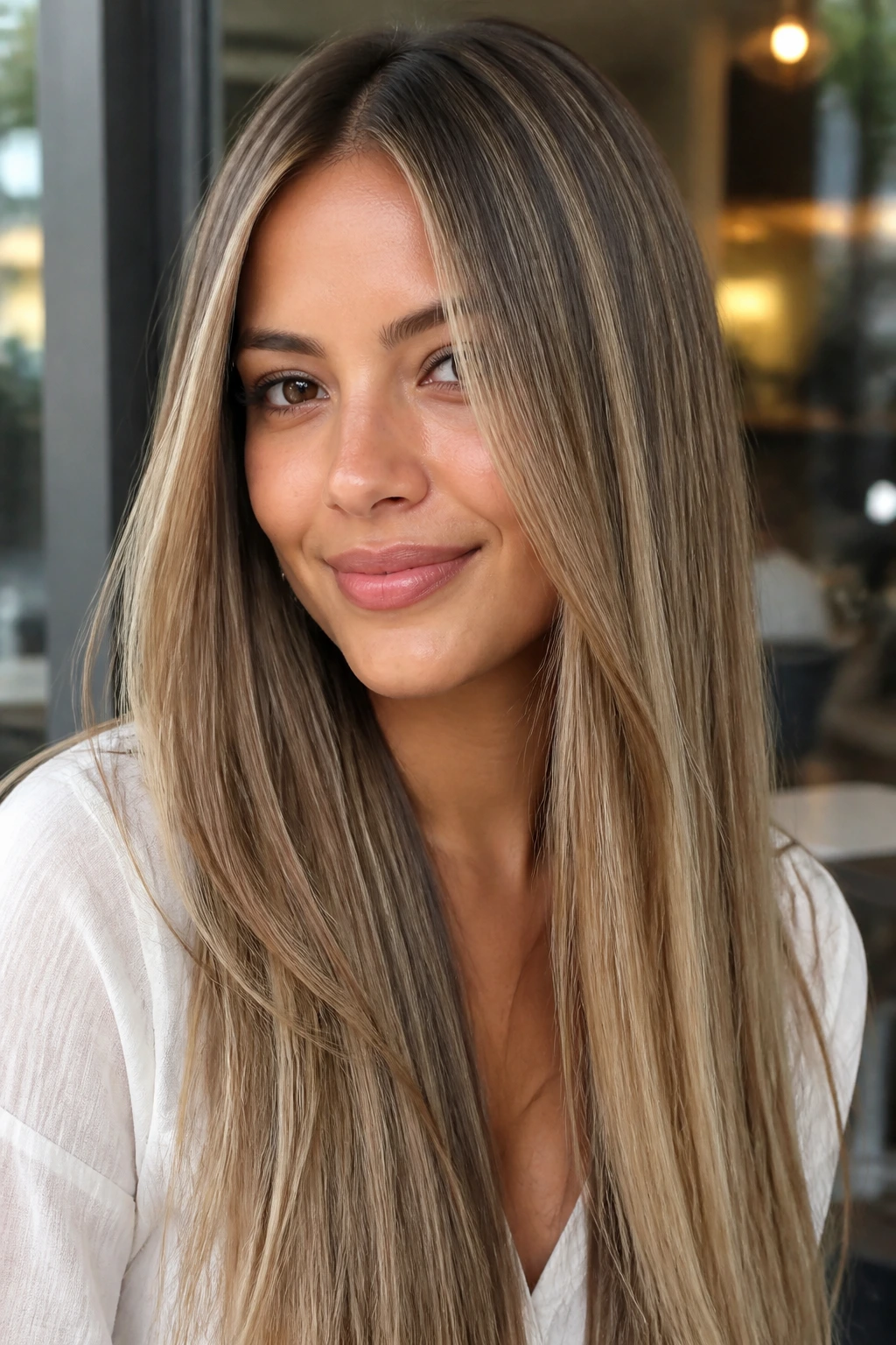 Close-up of a real woman with wheat blonde teasylights on long straight hair