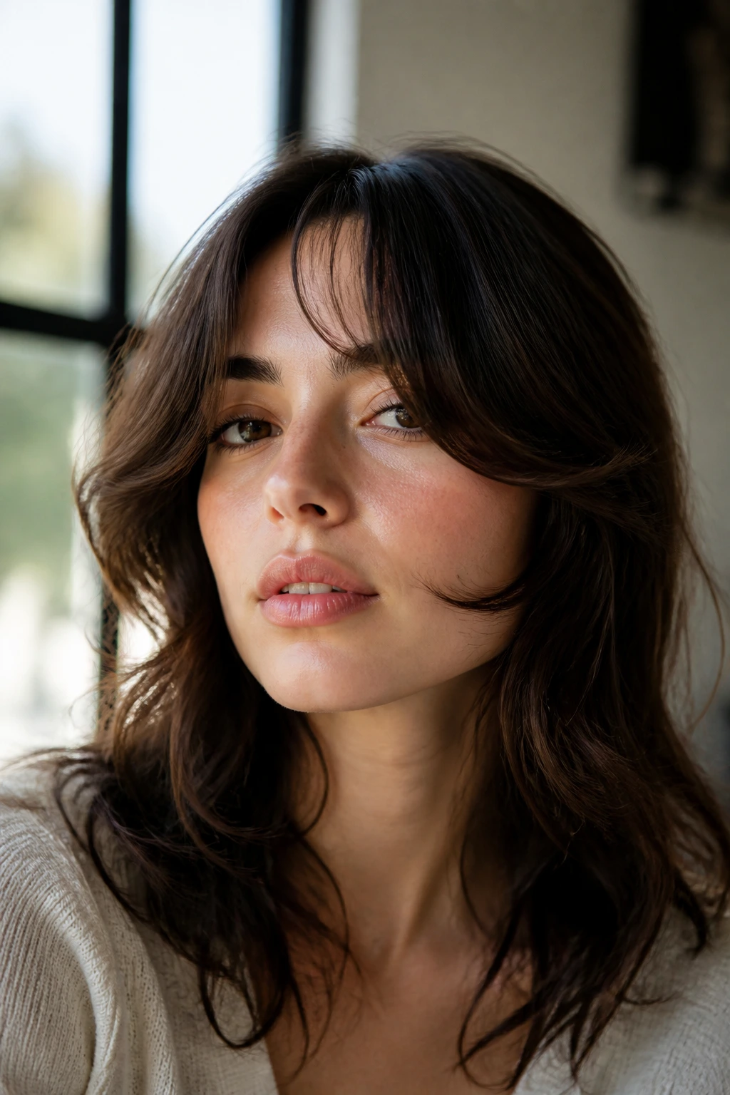 Close-up of a real woman with curved temple bangs skimming the cheekbone.