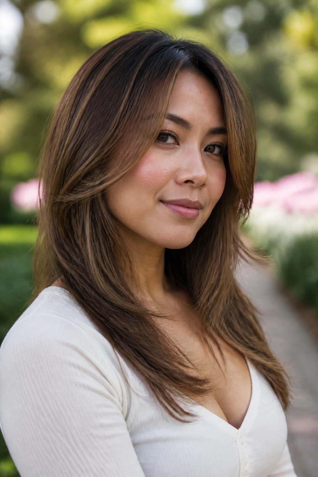 Woman with temple-to-collarbone cascade layers framing her face outdoors.