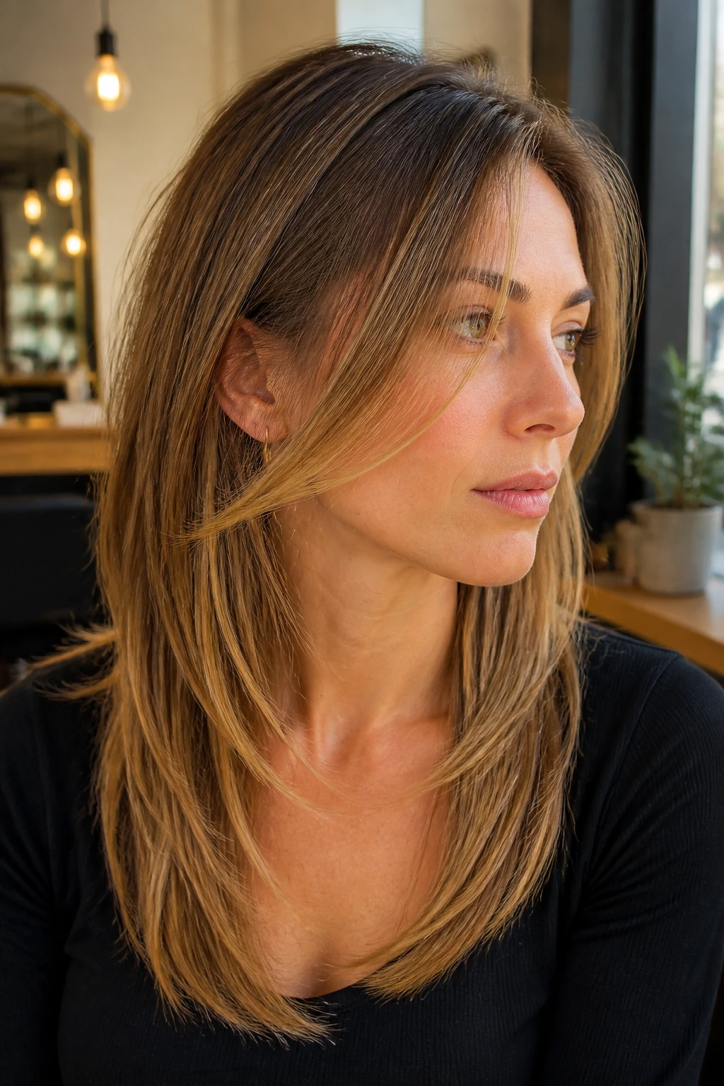 Close-up portrait of a woman with temple-to-collarbone diagonal layers in her hair