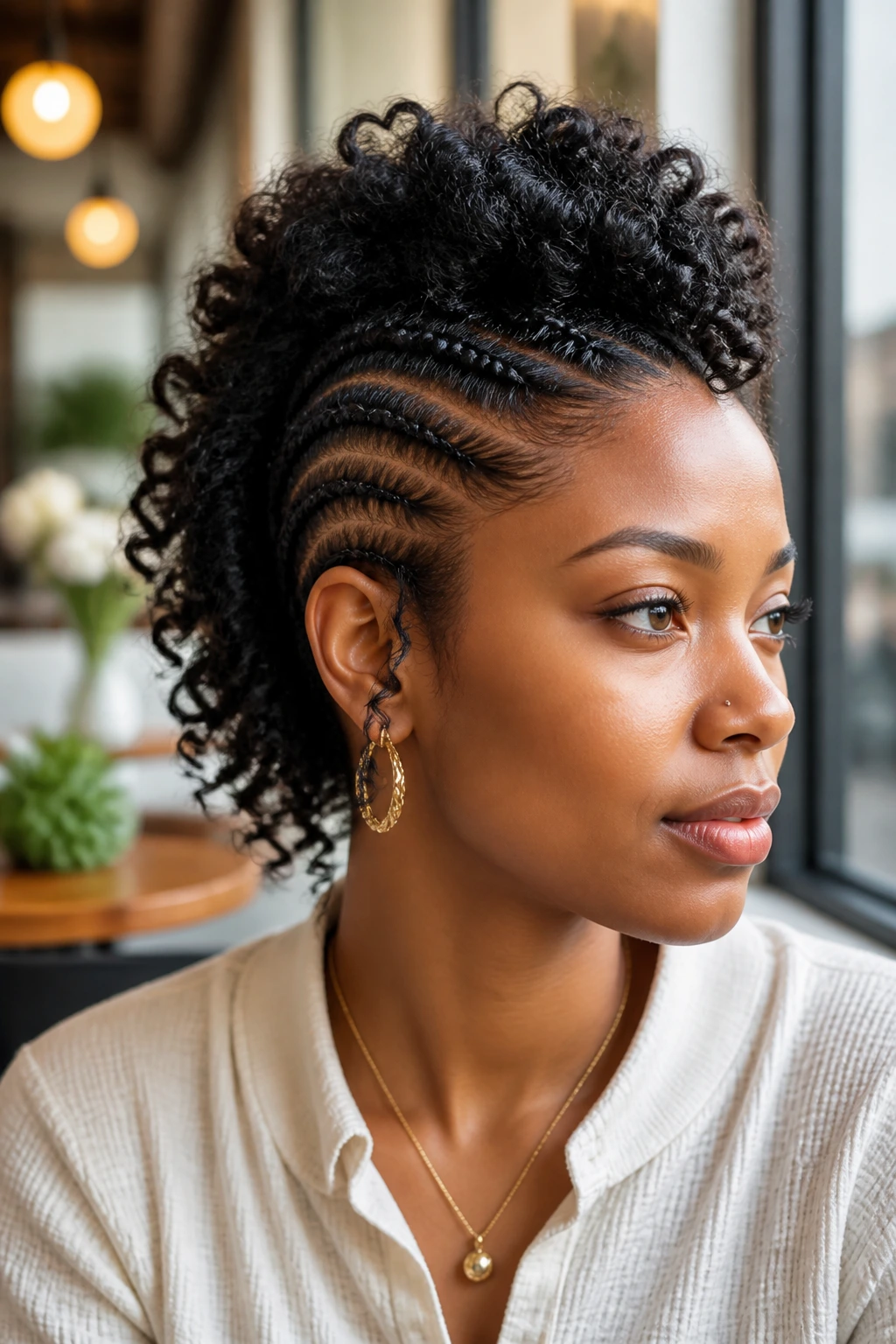 Close-up of a real woman with temple cornrows and soft top volume hairstyle