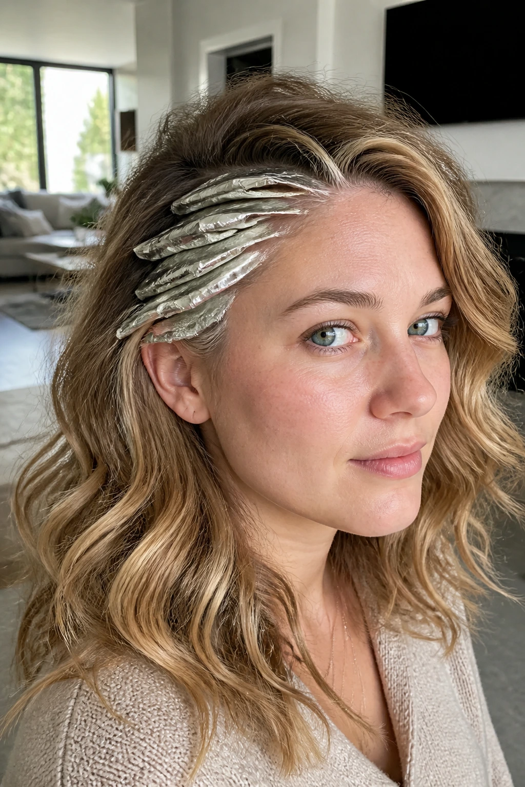 Close-up of real woman with temple curve foils along hairline